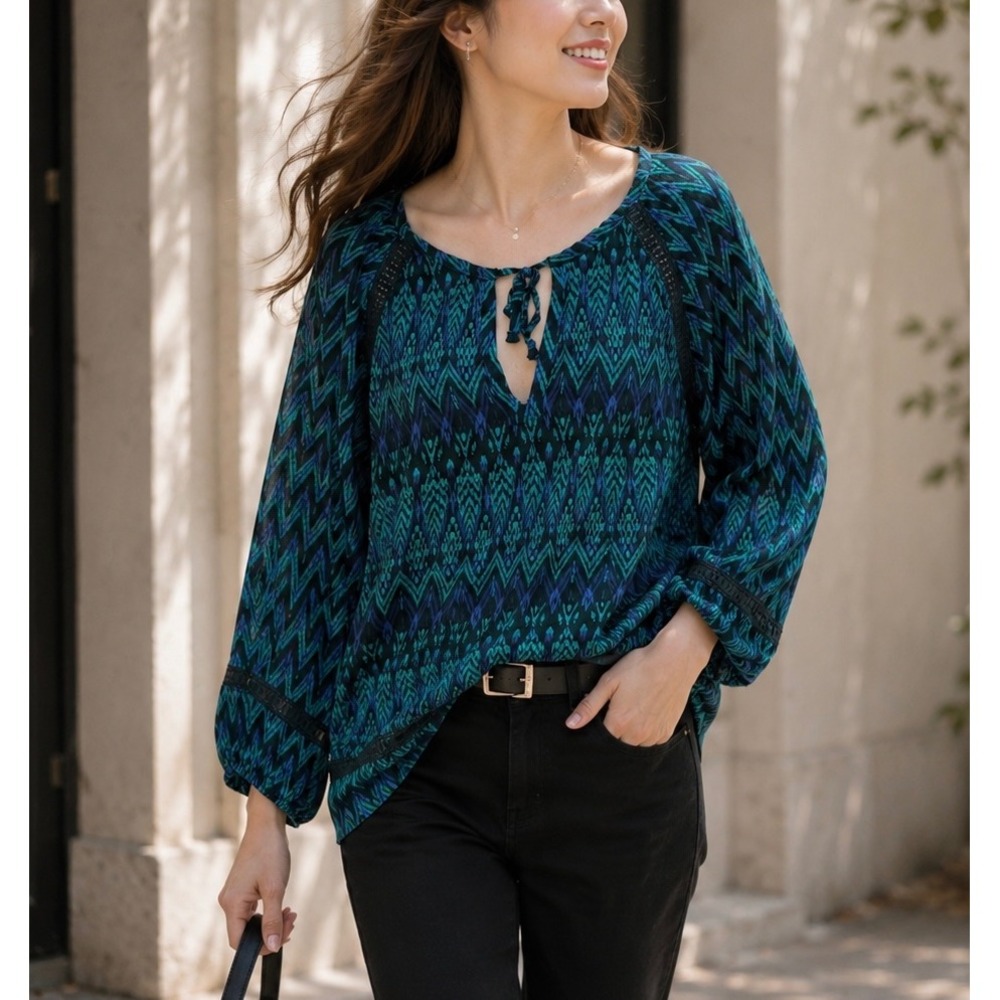 Prana‎ Blouse Women XL Teal Purple Ikat Print Crochet Trim Modal Long Sleeve Top